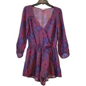 American Eagle Long Sleeve V Neck Shortalls Shorts Romper Size XS  Purple Ikat